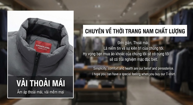Áo Khoác Phao Nam 90% Lông Vịt Trắng Dáng Sơ Mi Mỏng Nhẹ Giữ Ấm Màu Xám, Xanh Navy chi tiết 5
