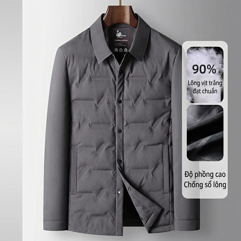 Áo Khoác Phao Nam 90% Lông Vịt Trắng Dáng Sơ Mi Mỏng Nhẹ Giữ Ấm Màu Xám, Xanh Navy