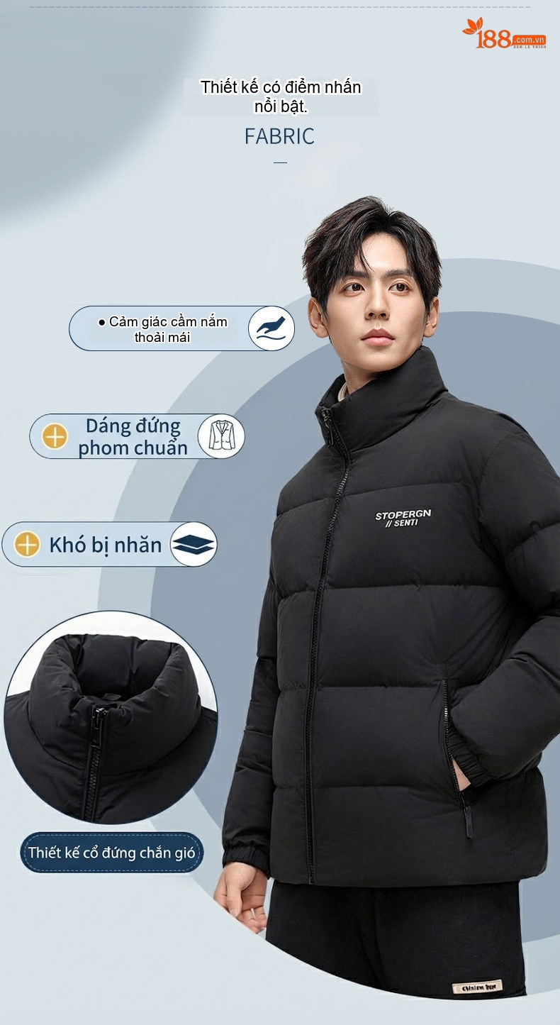 Áo Khoác Phao Nam 90% Lông Vịt Trắng Dày Dặn Cổ Đứng Chống Gió Màu Đen, Xám chi tiết 5