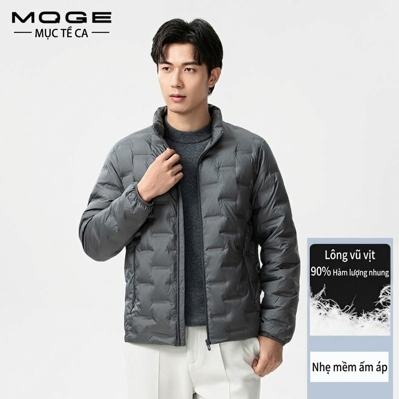 Áo Khoác Phao Nam Cổ Đứng Chần Ô Vuông Lót Lông Vũ 90% Trắng Mỏng Nhẹ Giữ Ấm Màu Đen, Xám