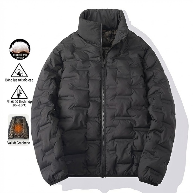 Áo Khoác Phao Nam Cổ Đứng Chần Ô Vuông Lót Lông Vũ 90% Trắng Mỏng Nhẹ Giữ Ấm Màu Đen, Xám chi tiết 9