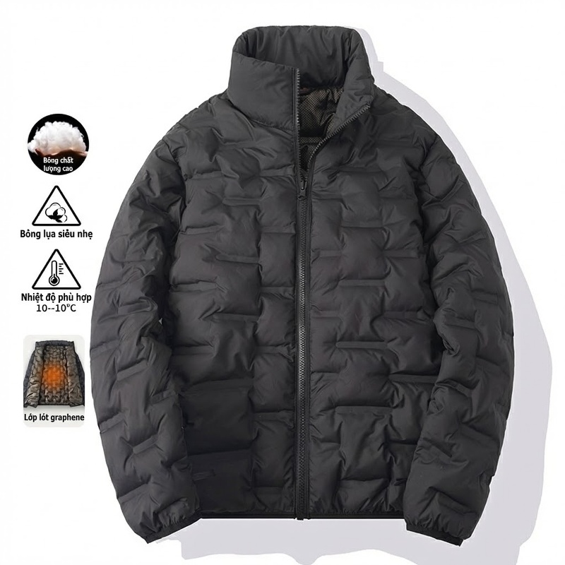 Áo Khoác Phao Nam Cổ Đứng Chần Ô Vuông Lót Lông Vũ 90% Trắng Mỏng Nhẹ Giữ Ấm Màu Đen, Xám chi tiết 13