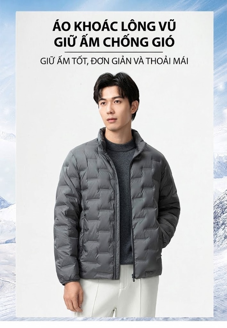 Áo Khoác Phao Nam Cổ Đứng Chần Ô Vuông Lót Lông Vũ 90% Trắng Mỏng Nhẹ Giữ Ấm Màu Đen, Xám chi tiết 1
