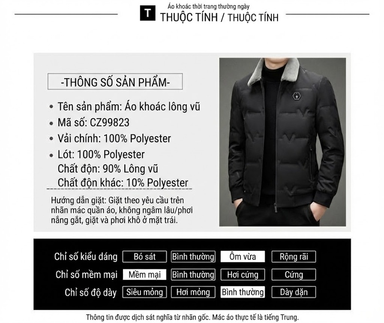 Áo Khoác Phao Nam Cổ Lông Cừu Có Thể Tháo Rời Giữ Ấm Màu Xám, Đen, Xanh Đen chi tiết 8