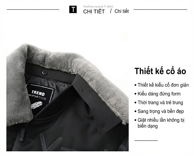 Áo Khoác Phao Nam Cổ Lông Cừu Có Thể Tháo Rời Giữ Ấm Màu Xám, Đen, Xanh Đen chi tiết 5