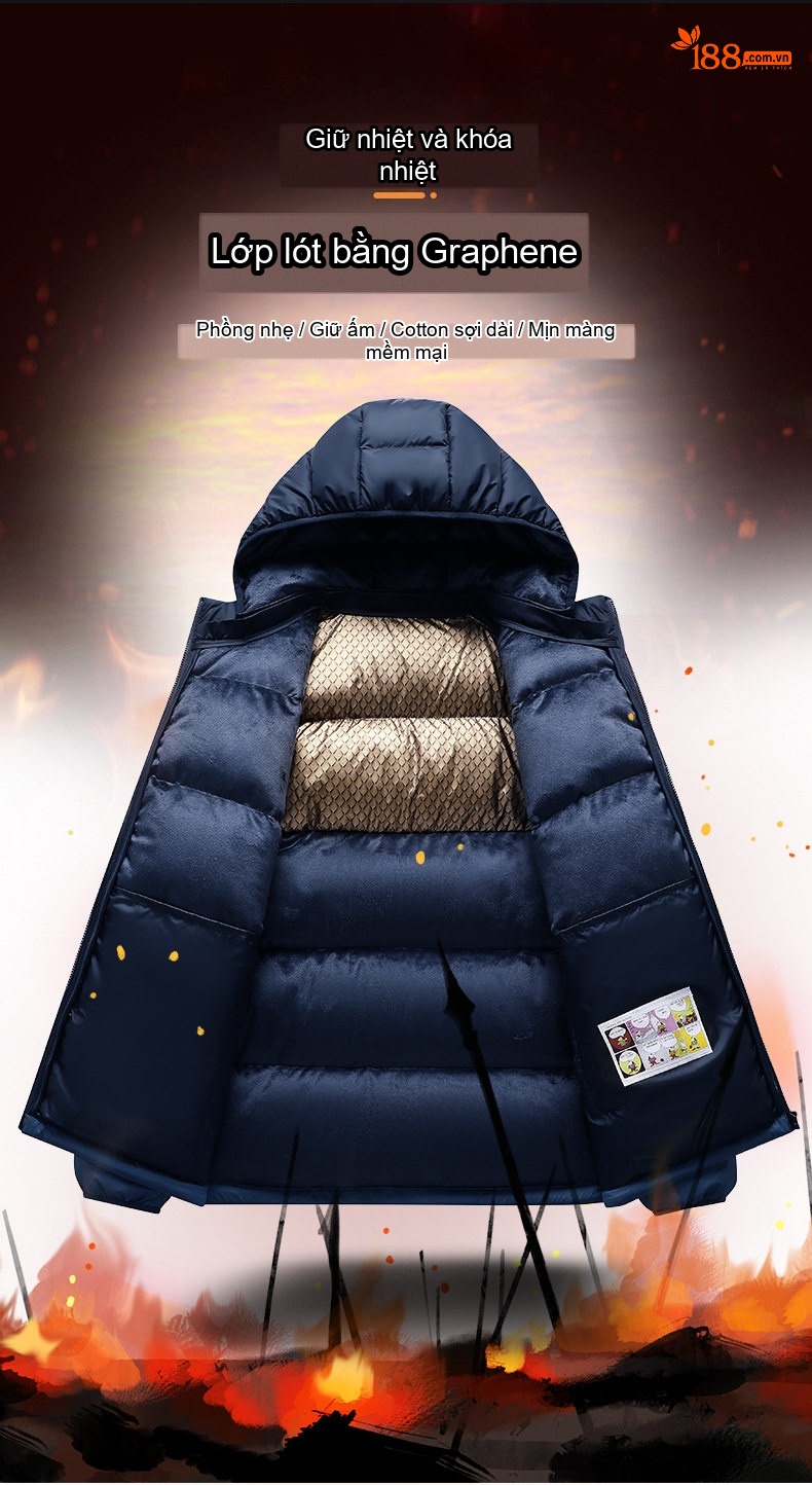 Áo Khoác Phao Nam Cotton Dáng Ngắn Graphene Chống Gió Màu Xanh Navy, Xám, Đen, Be... chi tiết 3