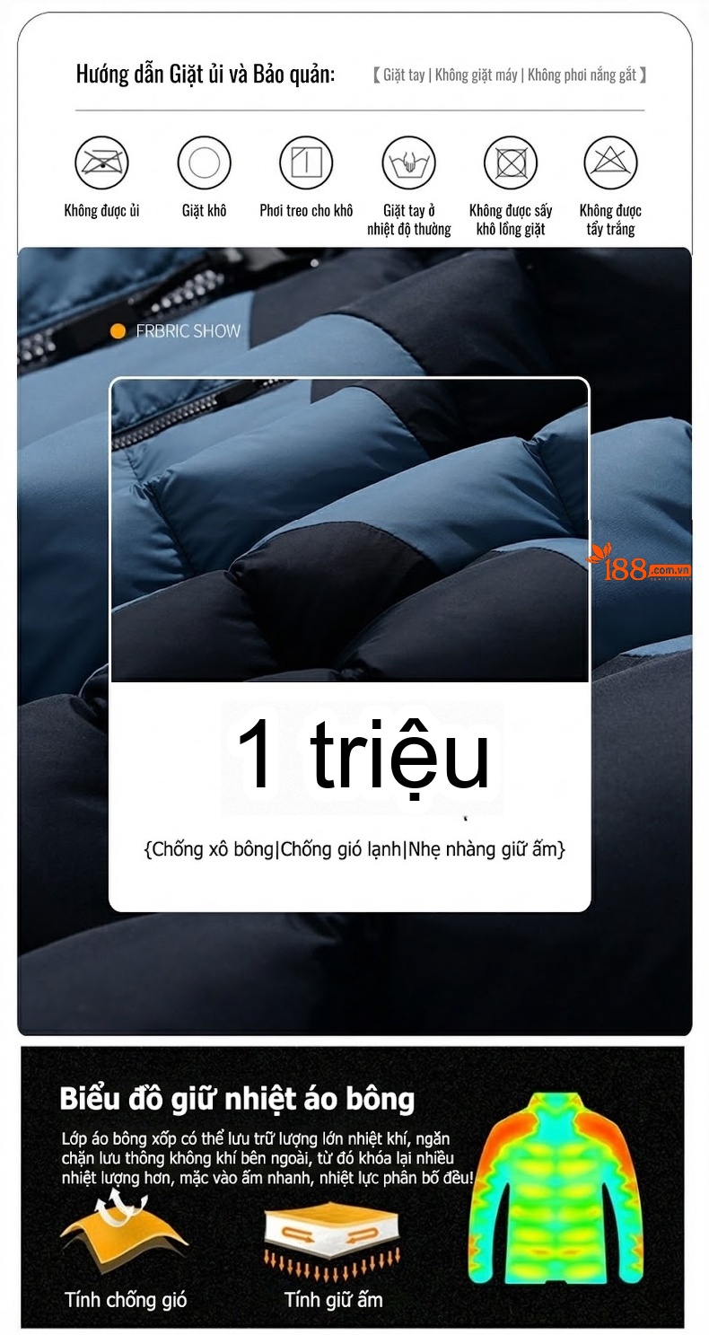 Áo Khoác Phao Nam Cotton Dáng Ngắn Graphene Chống Gió Màu Xanh Navy, Xám, Đen, Be... chi tiết 5