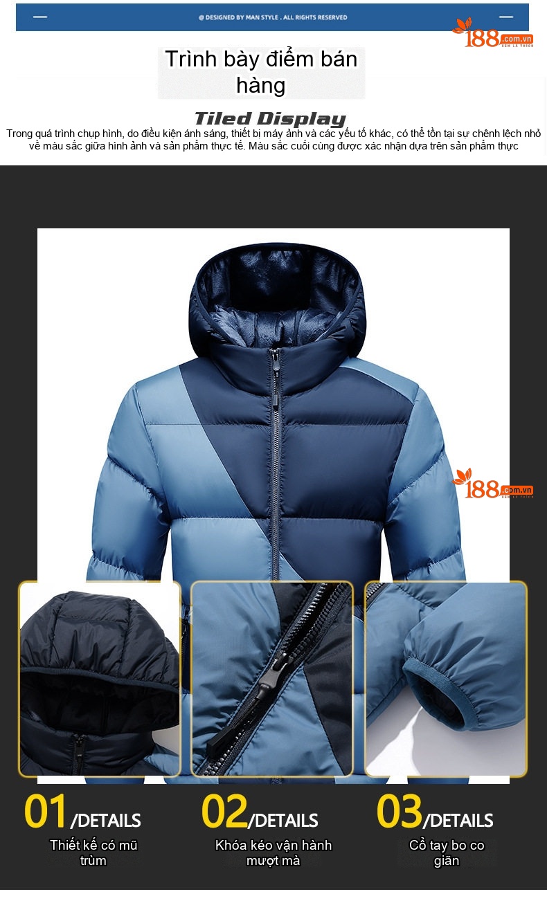 Áo Khoác Phao Nam Cotton Dáng Ngắn Graphene Chống Gió Màu Xanh Navy, Xám, Đen, Be... chi tiết 6