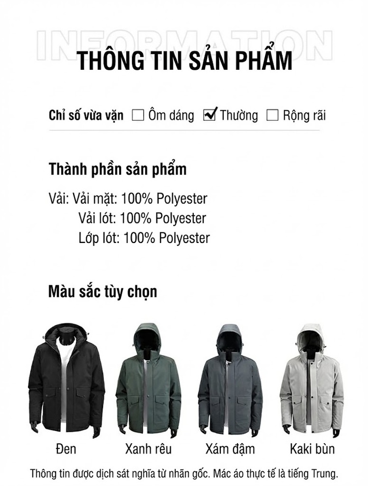 Áo Khoác Phao Nam Cotton Dáng Rộng Có Mũ Trùm Đầu Màu Đen, Xám, Trắng chi tiết 7