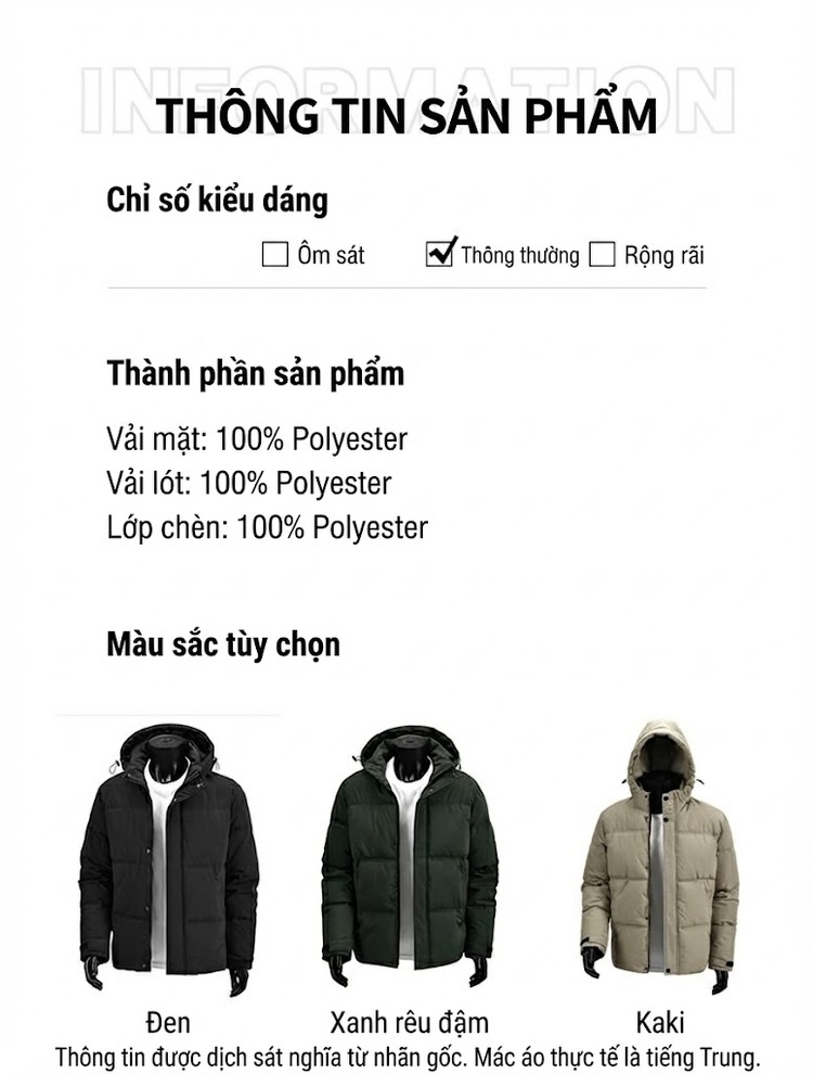 Áo Khoác Phao Nam Cotton Dáng Rộng Có Mũ Trùm Đầu Màu Đen, Xanh Rêu, Xám chi tiết 8