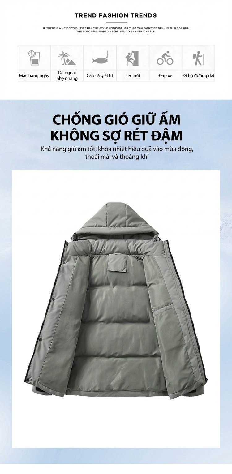 Áo Khoác Phao Nam Cotton Dáng Rộng Có Mũ Trùm Đầu Màu Đen, Xanh Rêu, Xám chi tiết 2