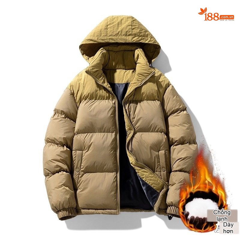 Áo Khoác Phao Nam Cotton Dày Dặn Có Mũ Trùm Đầu Phong Cách Casual Màu Be, Đen