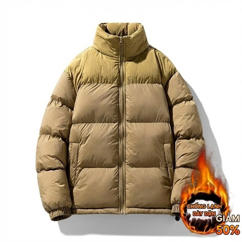 Áo Khoác Phao Nam Cotton Dày Dặn Có Mũ Trùm Đầu Phong Cách Casual Màu Be, Đen
