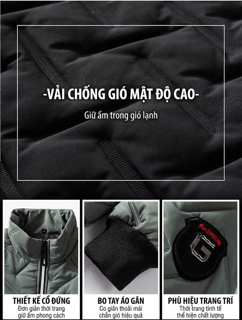 Áo Khoác Phao Nam Cotton Mỏng Nhẹ Giữ Ấm Cổ Trụ Màu Đen, Trắng, Xám, Xanh... chi tiết 5
