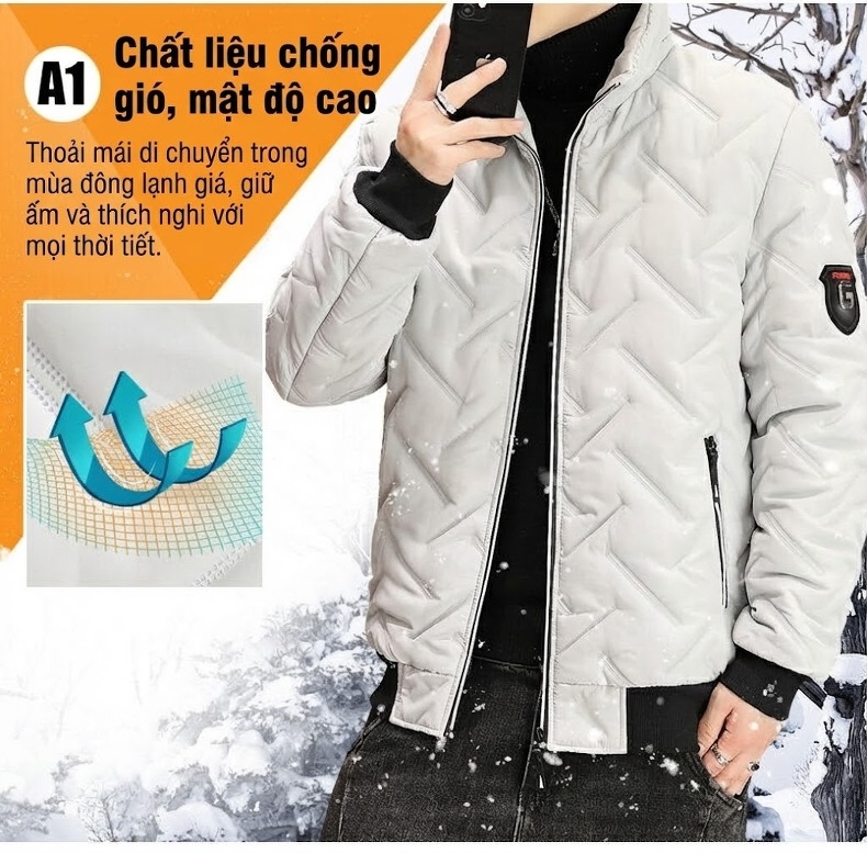 Áo Khoác Phao Nam Cotton Mỏng Nhẹ Giữ Ấm Cổ Trụ Màu Đen, Trắng, Xám, Xanh... chi tiết 2