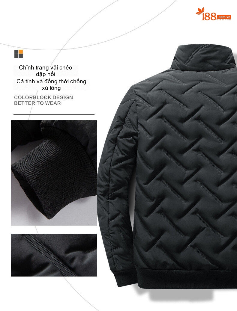 Áo Khoác Phao Nam Cotton Mỏng Nhẹ Giữ Ấm Cổ Trụ Màu Đen, Trắng, Xám, Xanh... chi tiết 9