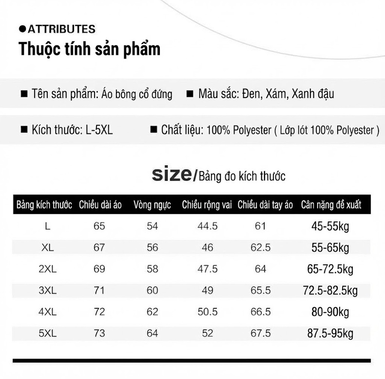 Áo Khoác Phao Nam Cotton Mỏng Nhẹ Giữ Ấm Cổ Trụ Màu Đen, Trắng, Xám, Xanh... chi tiết 10