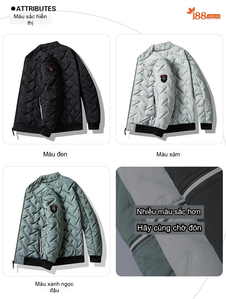 Áo Khoác Phao Nam Cotton Mỏng Nhẹ Giữ Ấm Cổ Trụ Màu Đen, Trắng, Xám, Xanh... chi tiết 11