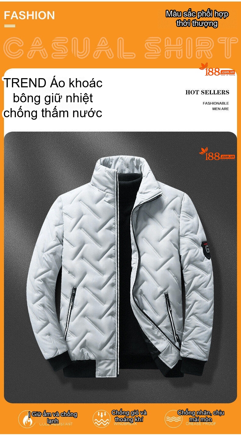 Áo Khoác Phao Nam Cotton Mỏng Nhẹ Giữ Ấm Cổ Trụ Màu Đen, Trắng, Xám, Xanh... chi tiết 4