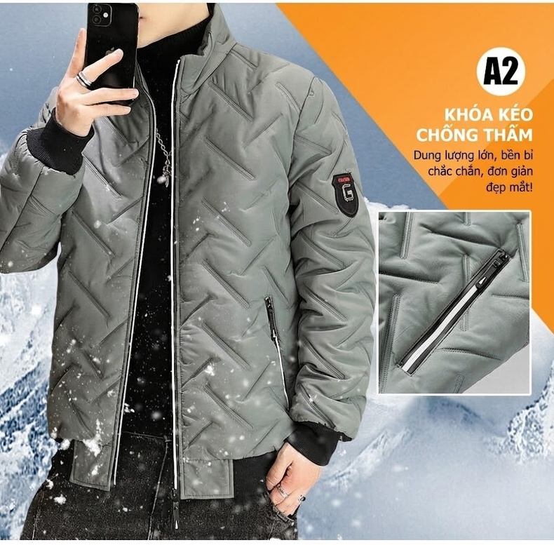 Áo Khoác Phao Nam Cotton Mỏng Nhẹ Giữ Ấm Cổ Trụ Màu Đen, Trắng, Xám, Xanh... chi tiết 3