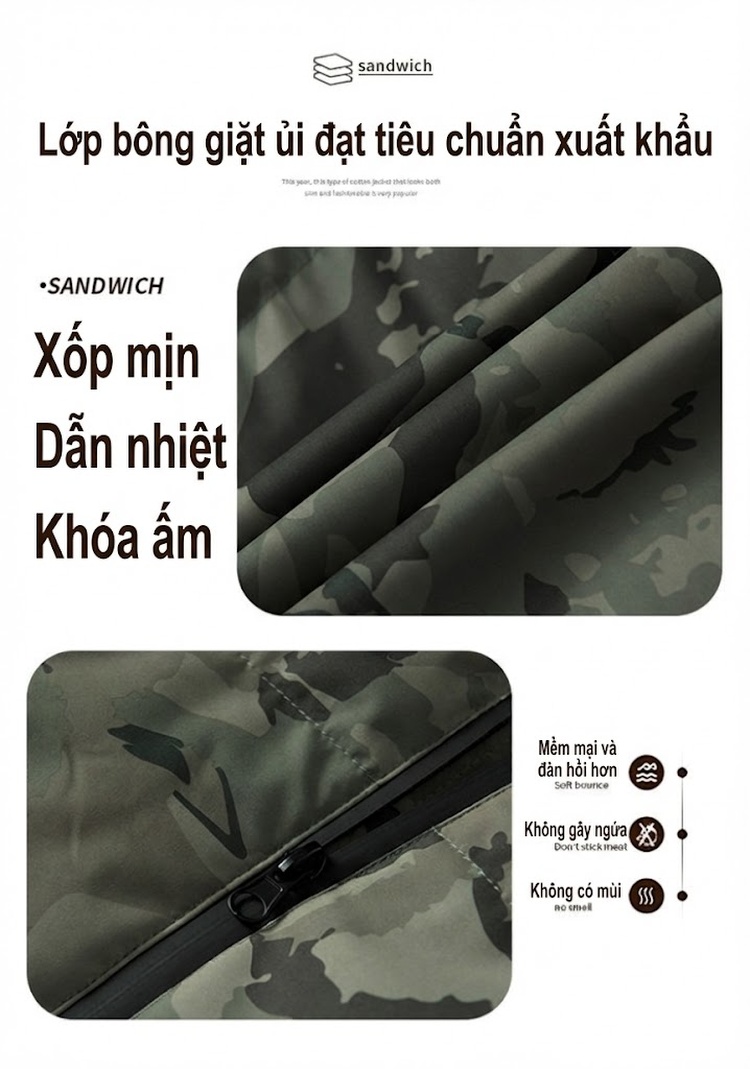 Áo Khoác Phao Nam Cotton Mũ Trùm Đầu Dáng Rộng Họa Tiết Rằn Ri Màu Xanh Lá, Xám, Xanh Dương chi tiết 3