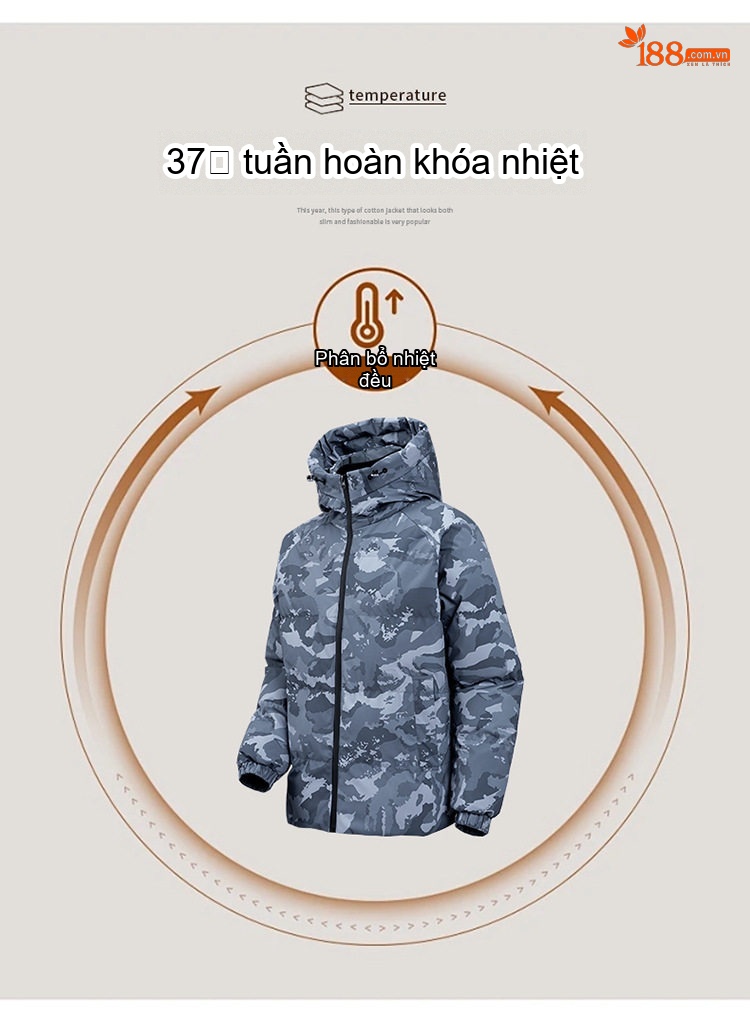 Áo Khoác Phao Nam Cotton Mũ Trùm Đầu Dáng Rộng Họa Tiết Rằn Ri Màu Xanh Lá, Xám, Xanh Dương chi tiết 4