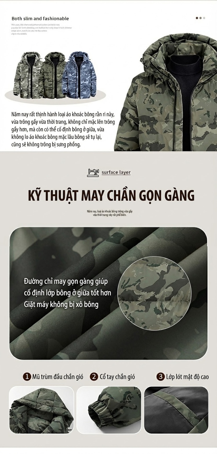 Áo Khoác Phao Nam Cotton Mũ Trùm Đầu Dáng Rộng Họa Tiết Rằn Ri Màu Xanh Lá, Xám, Xanh Dương chi tiết 2