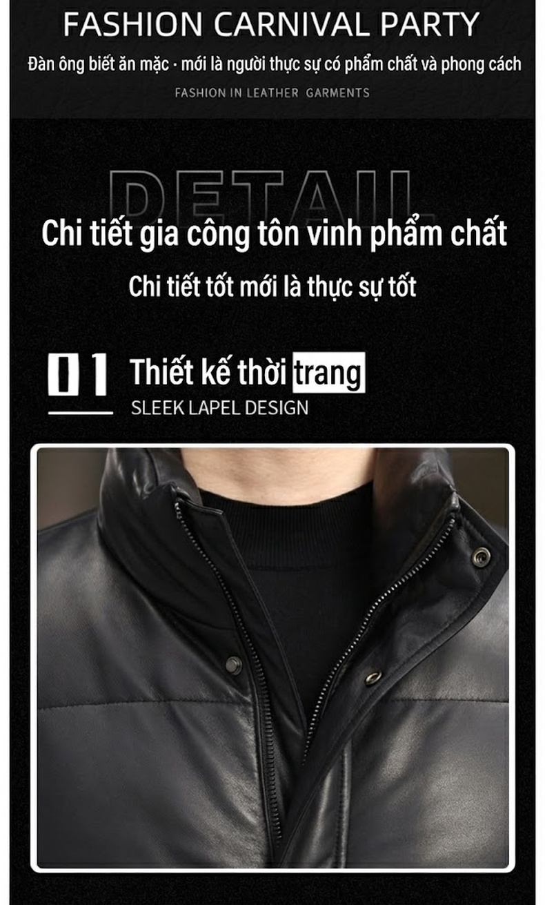 Áo Khoác Phao Nam Da Thật Da Cừu Lót Lông Vũ Cổ Đứng Dáng Ngắn Màu Đen chi tiết 2