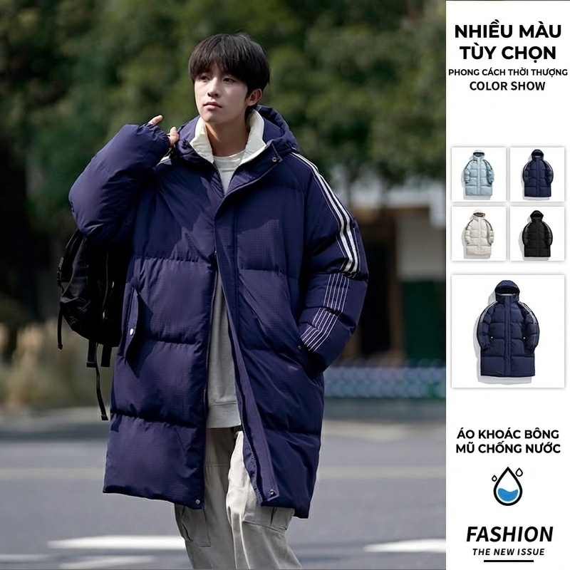 Áo Khoác Phao Nam Dáng Dài Có Mũ Trùm Đầu Giữ Ấm Mùa Đông Cotton Màu Trắng, Xanh Dương, Đen