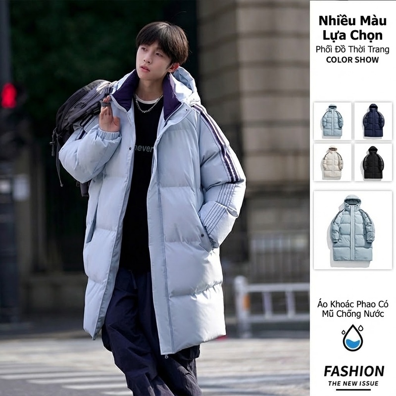 Áo Khoác Phao Nam Dáng Dài Có Mũ Trùm Đầu Giữ Ấm Mùa Đông Cotton Màu Trắng, Xanh Dương, Đen