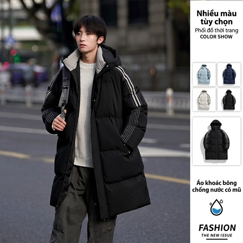 Áo Khoác Phao Nam Dáng Dài Có Mũ Trùm Đầu Giữ Ấm Mùa Đông Cotton Màu Trắng, Xanh Dương, Đen