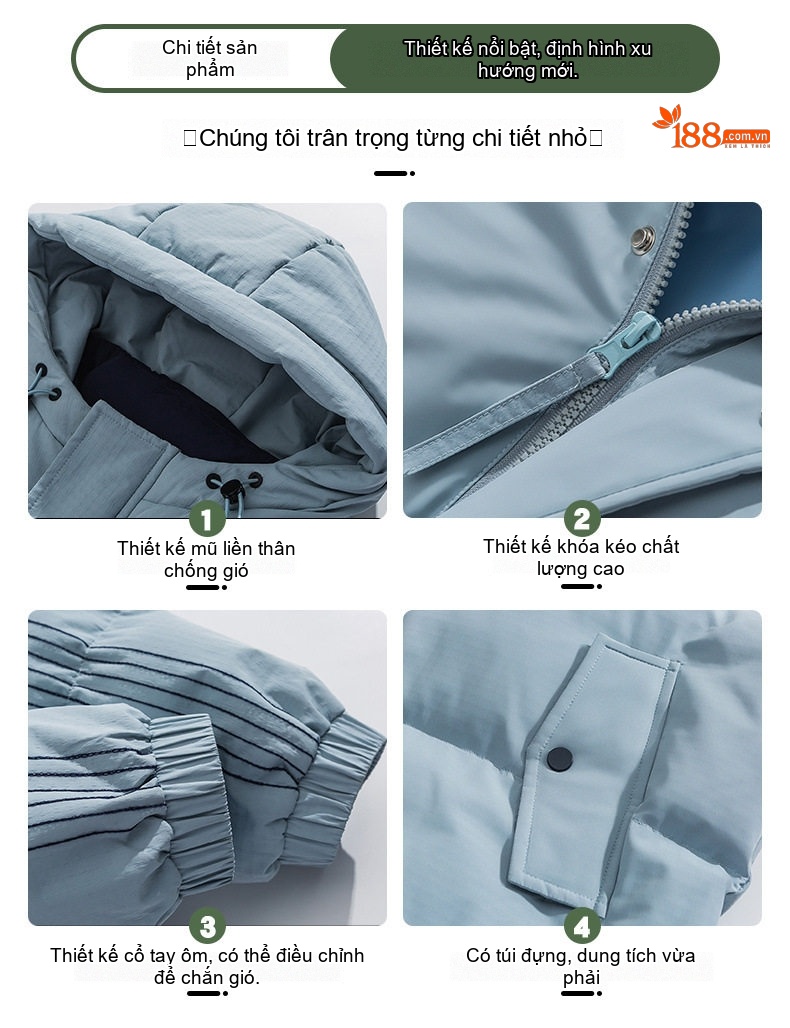 Áo Khoác Phao Nam Dáng Dài Có Mũ Trùm Đầu Giữ Ấm Mùa Đông Cotton Màu Trắng, Xanh Dương, Đen chi tiết 6