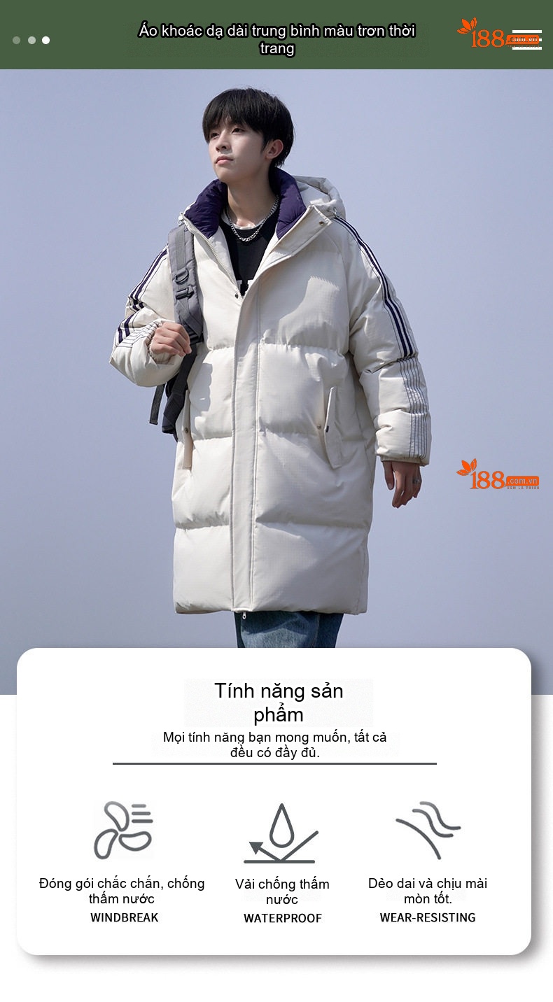 Áo Khoác Phao Nam Dáng Dài Có Mũ Trùm Đầu Giữ Ấm Mùa Đông Cotton Màu Trắng, Xanh Dương, Đen chi tiết 2
