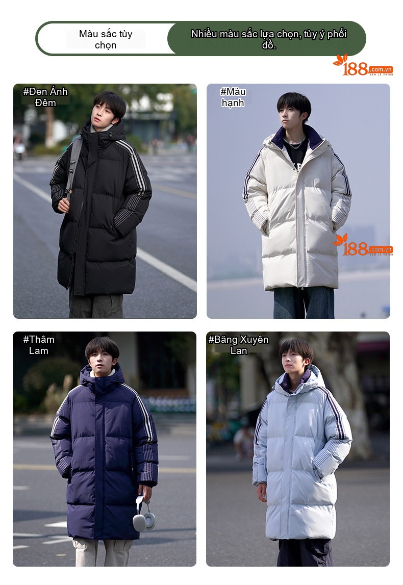 Áo Khoác Phao Nam Dáng Dài Có Mũ Trùm Đầu Giữ Ấm Mùa Đông Cotton Màu Trắng, Xanh Dương, Đen chi tiết 4