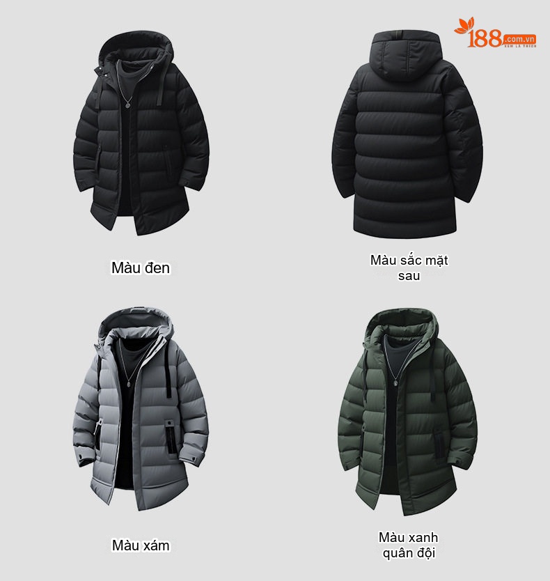 Áo Khoác Phao Nam Dáng Dài Cotton Lót Lông Dày Dặn Có Mũ Trùm Màu Đen, Xám, Xanh Rêu... chi tiết 13