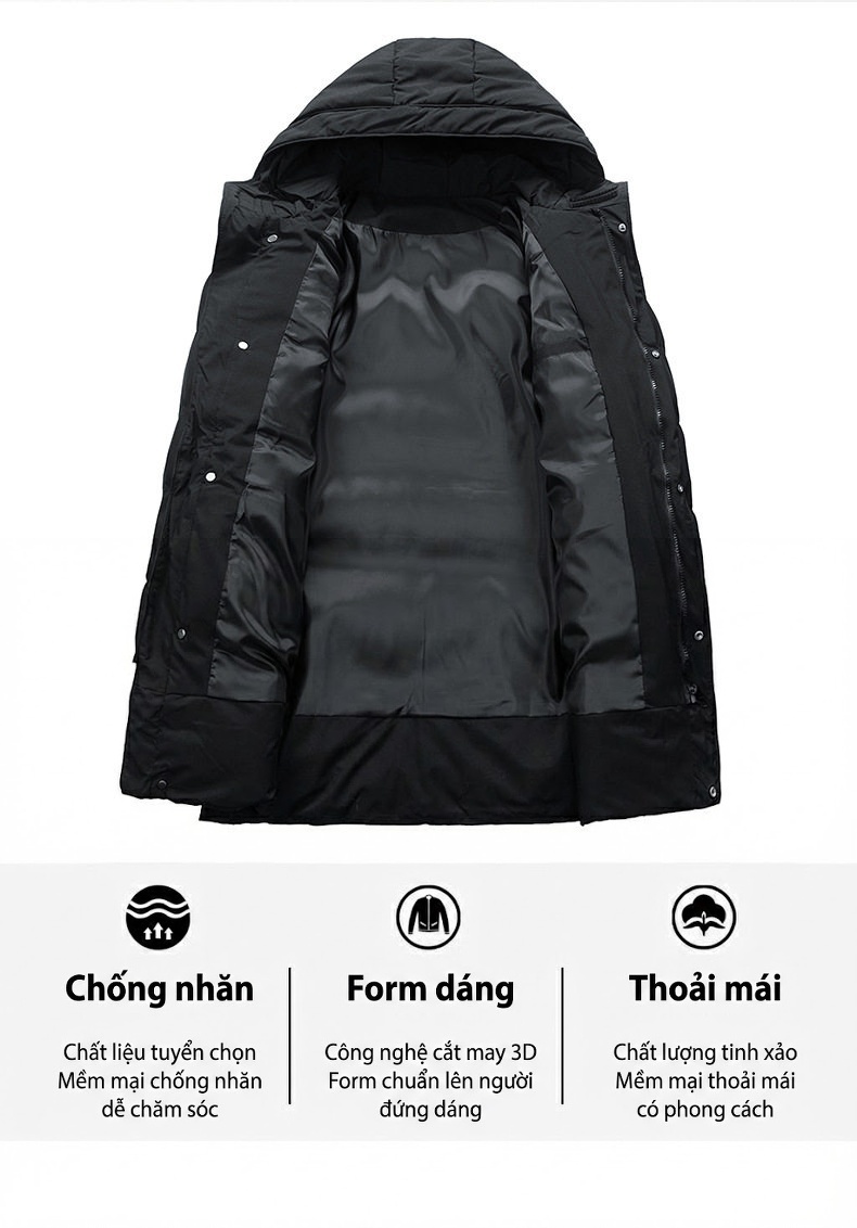 Áo Khoác Phao Nam Dáng Dài Có Mũ Trùm Đầu Giữ Ấm Chống Gió chi tiết 7
