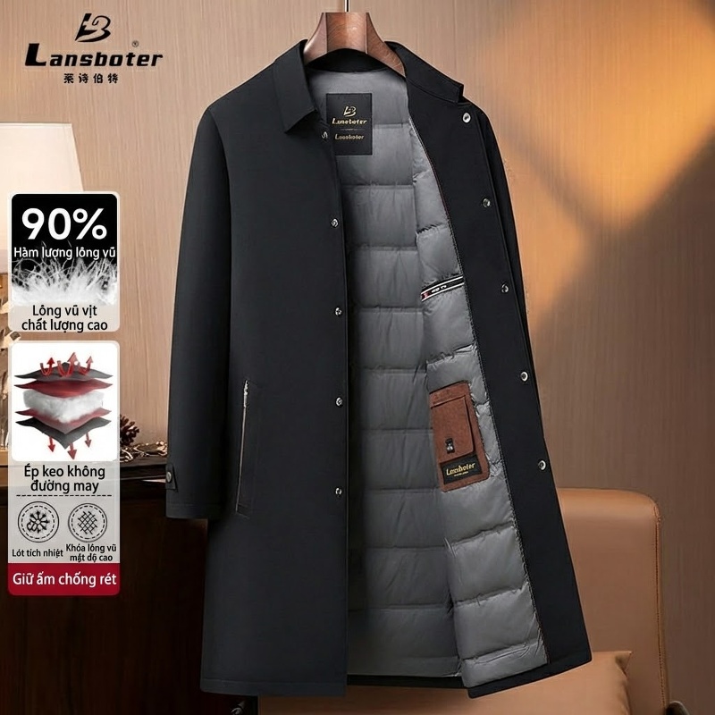 Áo Khoác Phao Nam Dáng Dài Lông Vũ Vịt Trắng Tiêu Chuẩn 90, Phong Cách Business Casual Màu Đen, Xanh Navy