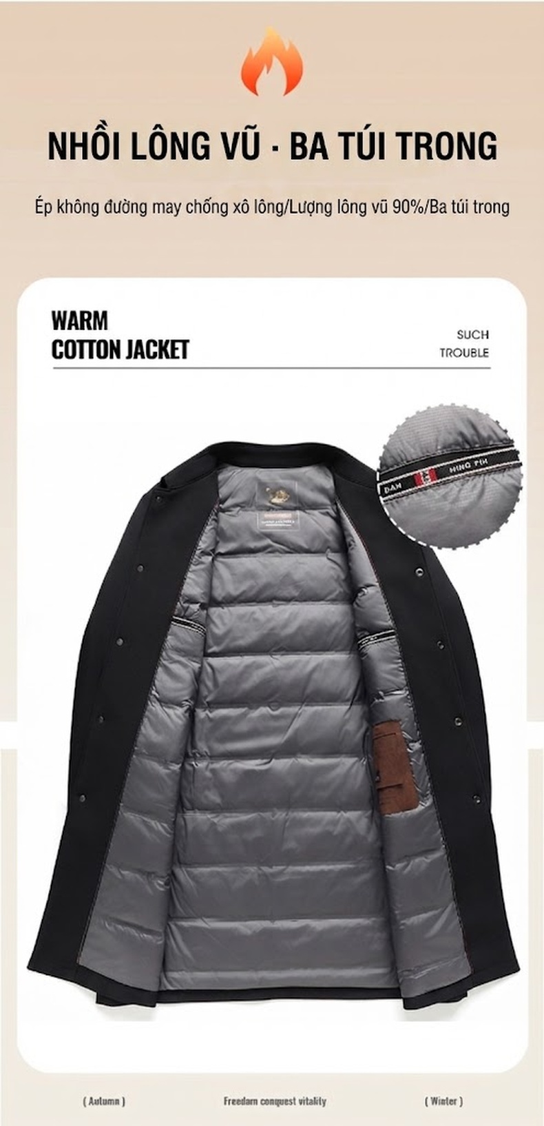 Áo Khoác Phao Nam Dáng Dài Lông Vũ Vịt Trắng Tiêu Chuẩn 90, Phong Cách Business Casual Màu Đen, Xanh Navy chi tiết 5