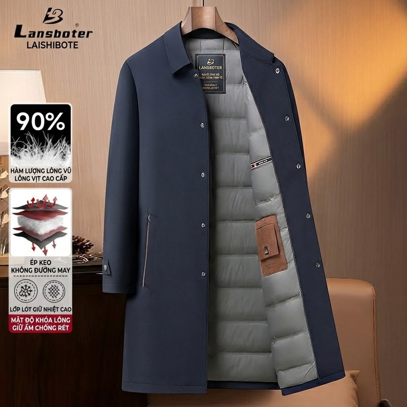 Áo Khoác Phao Nam Dáng Dài Lông Vũ Vịt Trắng Tiêu Chuẩn 90, Phong Cách Business Casual Màu Đen, Xanh Navy