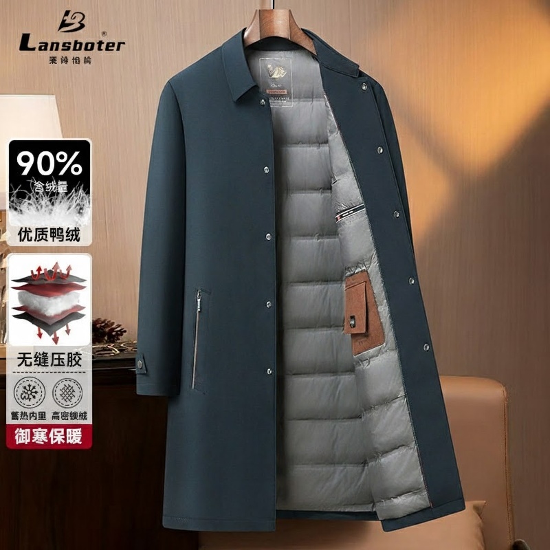 Áo Khoác Phao Nam Dáng Dài Lông Vũ Vịt Trắng Tiêu Chuẩn 90, Phong Cách Business Casual Màu Đen, Xanh Navy