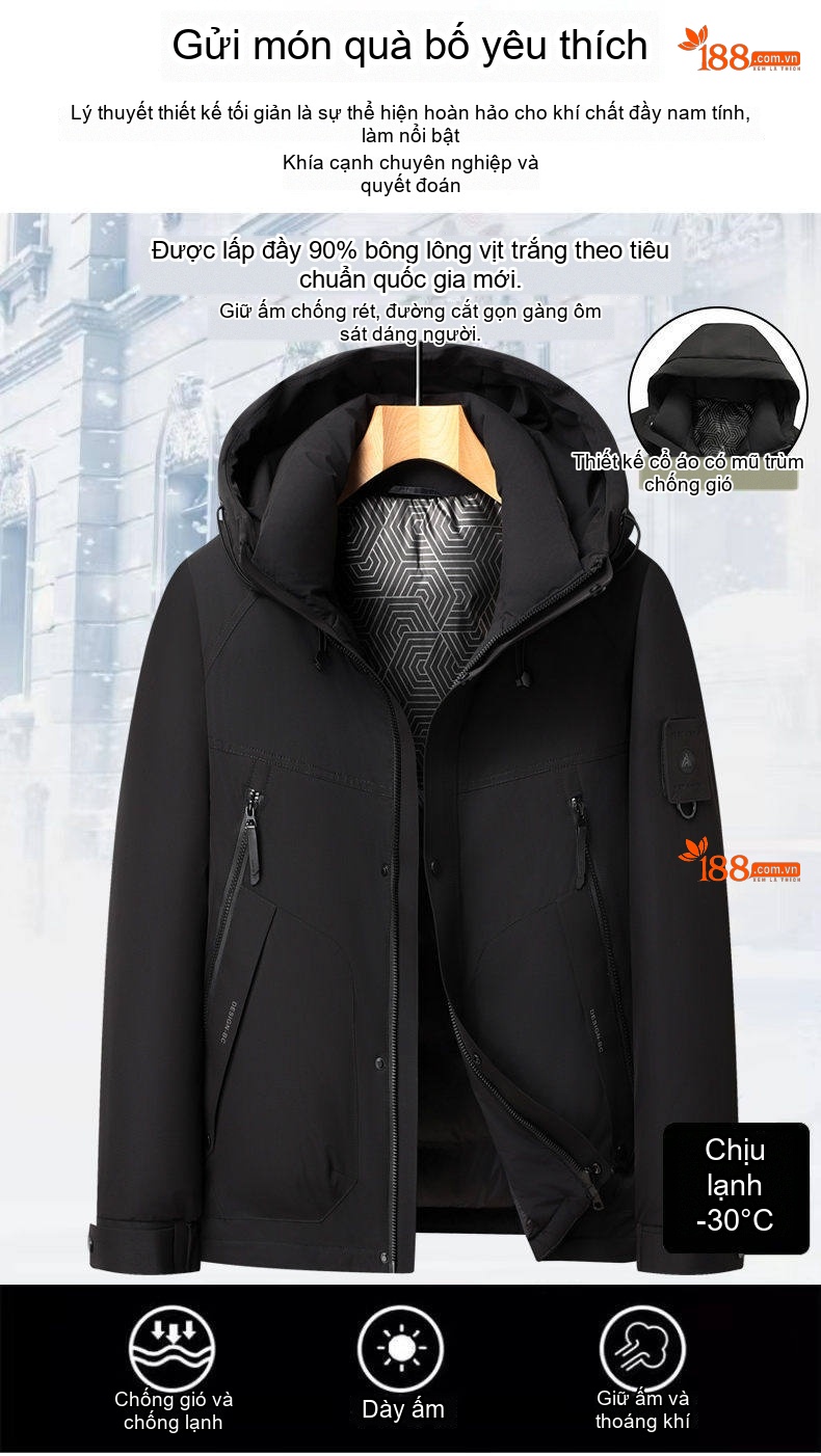 Áo Khoác Phao Nam Dáng Ngắn Có Mũ Lông Vũ Ấm Áp Chống Gió chi tiết 2