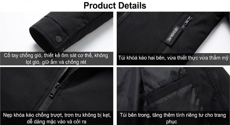 Áo Khoác Phao Nam Dáng Ngắn Có Mũ Lông Vũ Ấm Áp Chống Gió chi tiết 21
