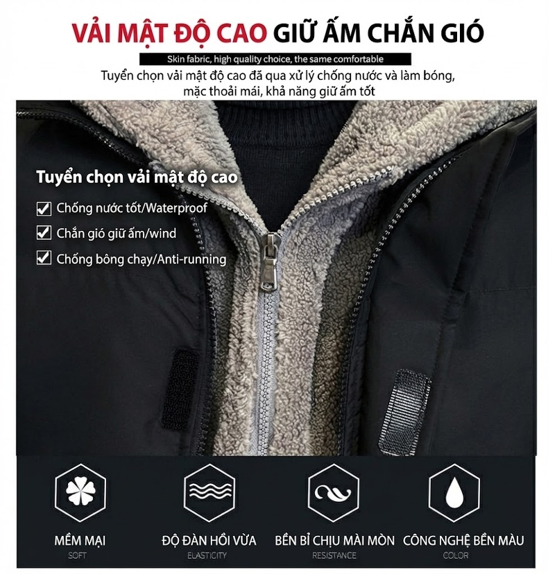 Áo Khoác Phao Nam Hai Lớp Cotton Lông Cừu Non Dáng Rộng Chống Thấm Nước Có Mũ Trùm Đầu Màu Đen, Trắng Kem chi tiết 4