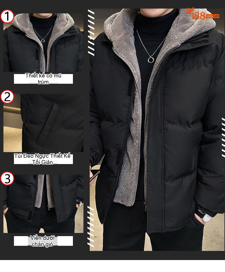 Áo Khoác Phao Nam Hai Lớp Cotton Lông Cừu Non Dáng Rộng Chống Thấm Nước Có Mũ Trùm Đầu Màu Đen, Trắng Kem chi tiết 6