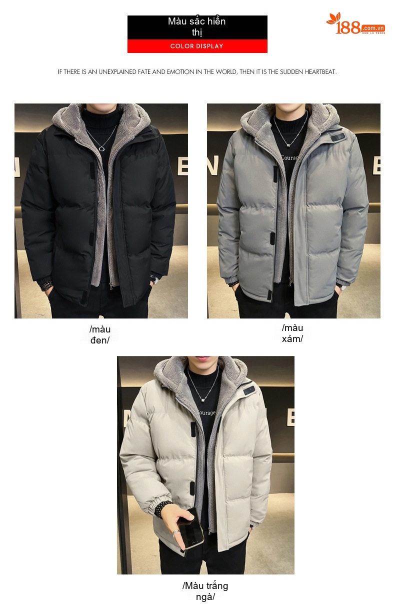 Áo Khoác Phao Nam Hai Lớp Cotton Lông Cừu Non Dáng Rộng Chống Thấm Nước Có Mũ Trùm Đầu Màu Đen, Trắng Kem chi tiết 7