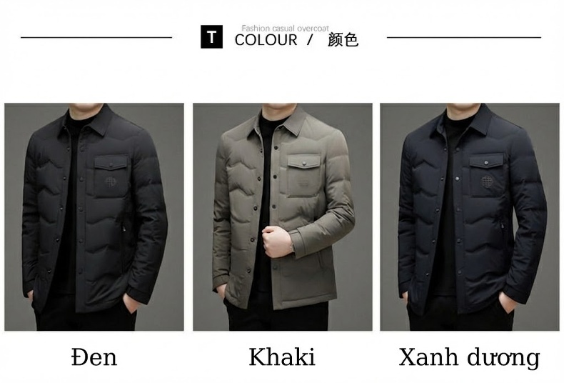 Áo Khoác Phao Nam Lông Vũ Áo Kiểu Áo Sơ Mi Tay Dài Màu Đen, Xám chi tiết 11