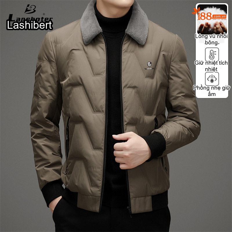 Áo Khoác Phao Nam Lông Vũ Cổ Lông Cừu Có Thể Tháo Rời Giữ Ấm Màu Đen, Nâu, Xám