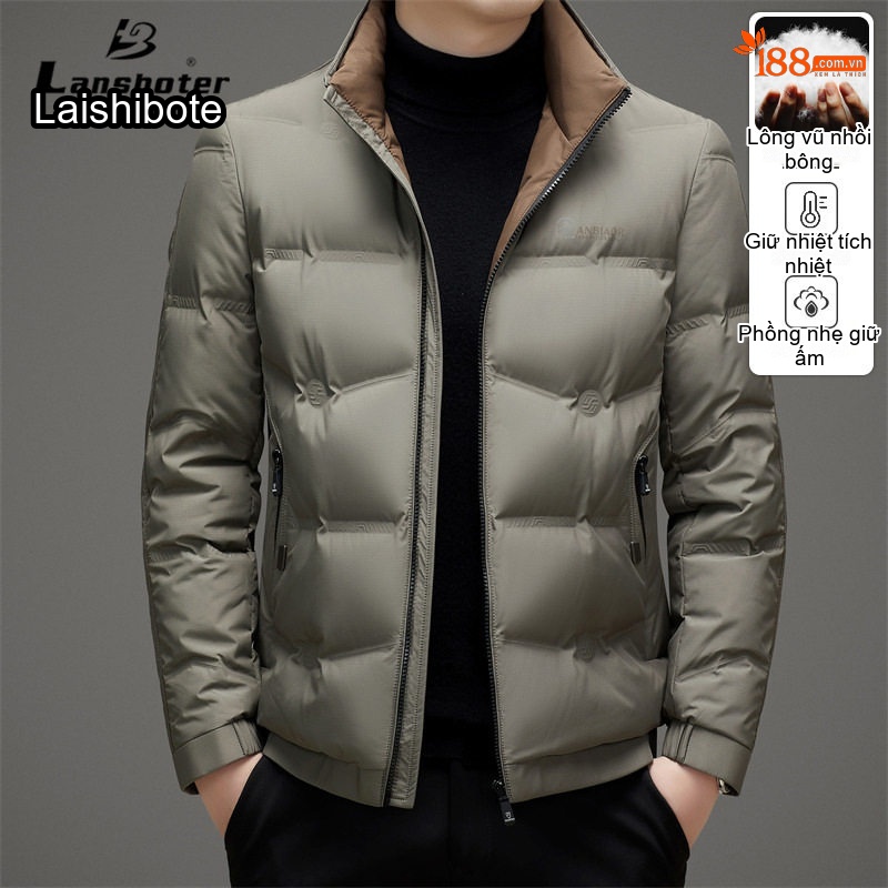 Áo Khoác Phao Nam Lông Vũ Dày Dặn Cổ Trụ Giữ Ấm Màu Xám, Đen