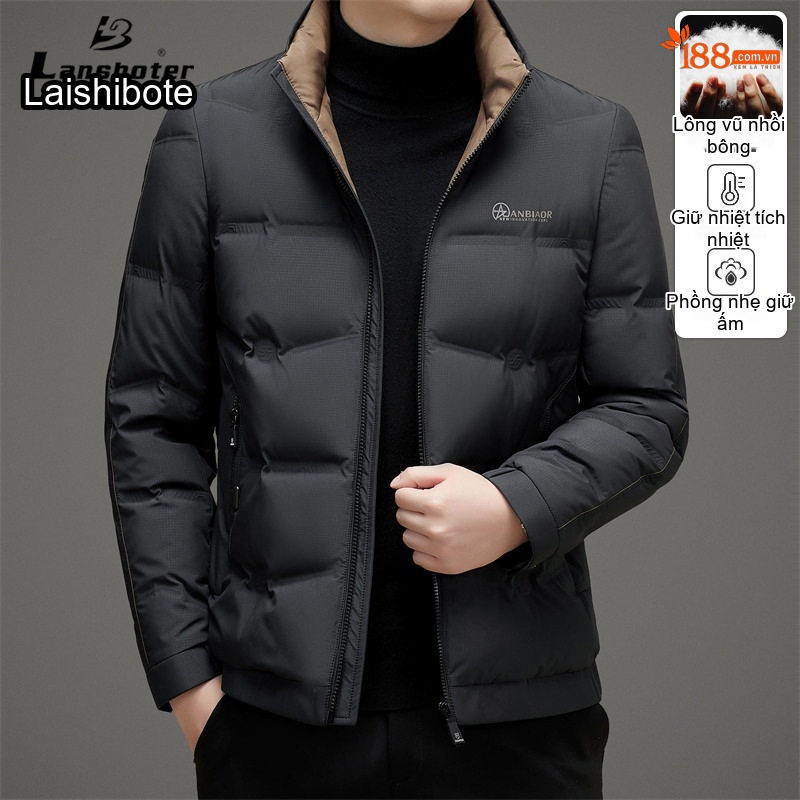 Áo Khoác Phao Nam Lông Vũ Dày Dặn Cổ Trụ Giữ Ấm Màu Xám, Đen