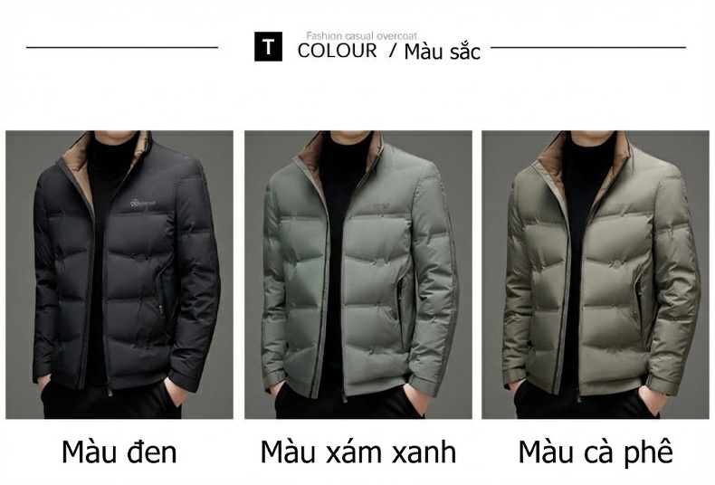 Áo Khoác Phao Nam Lông Vũ Dày Dặn Cổ Trụ Giữ Ấm Màu Xám, Đen chi tiết 13